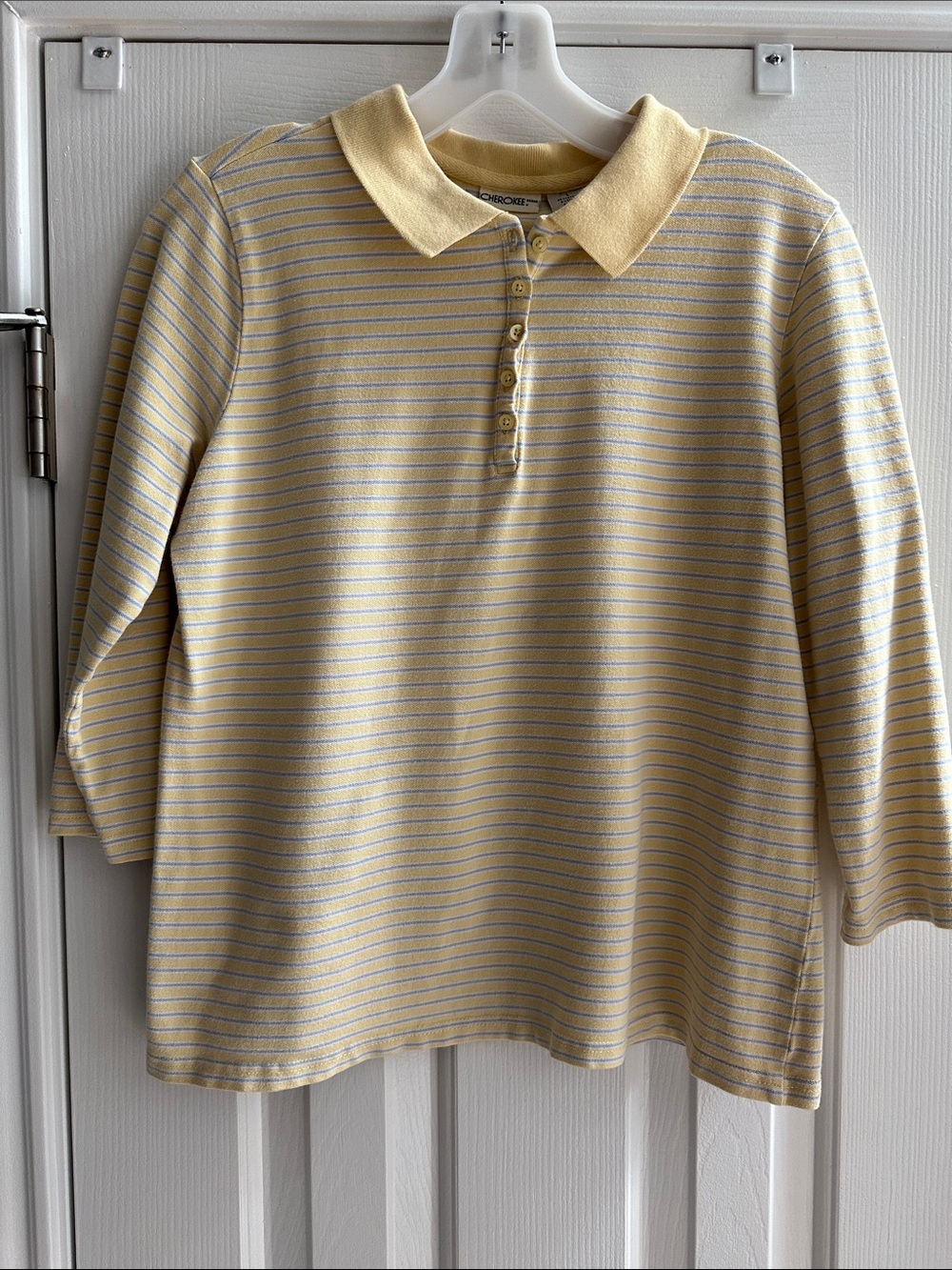Cherokee Y2K Yellow Blue Striped Button-Down Polo Top Large Preppy Casual
